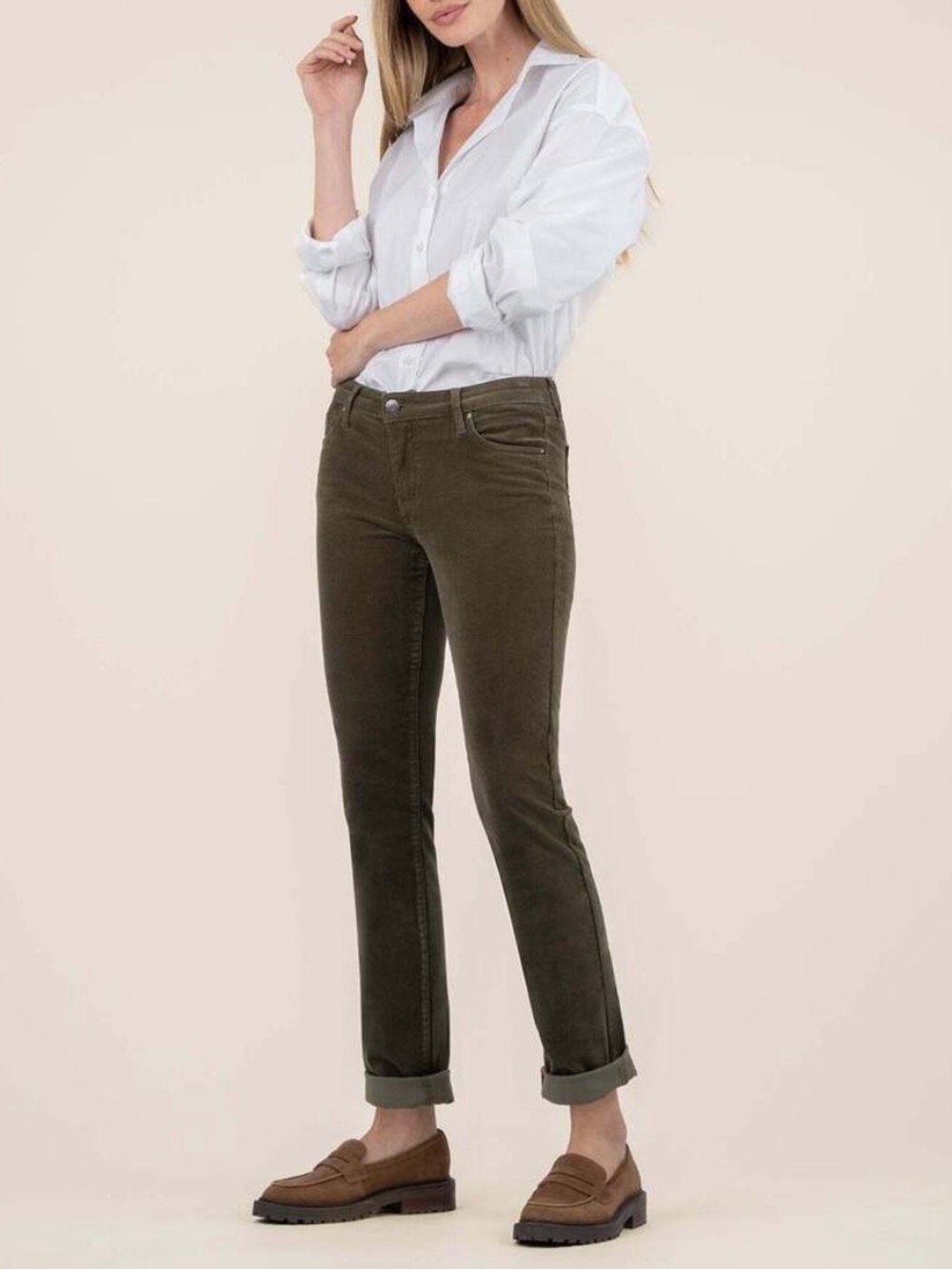 Kut from the Kloth Catherine Corduroy Boyfriend 5 Pockets in Moss Green Cotton